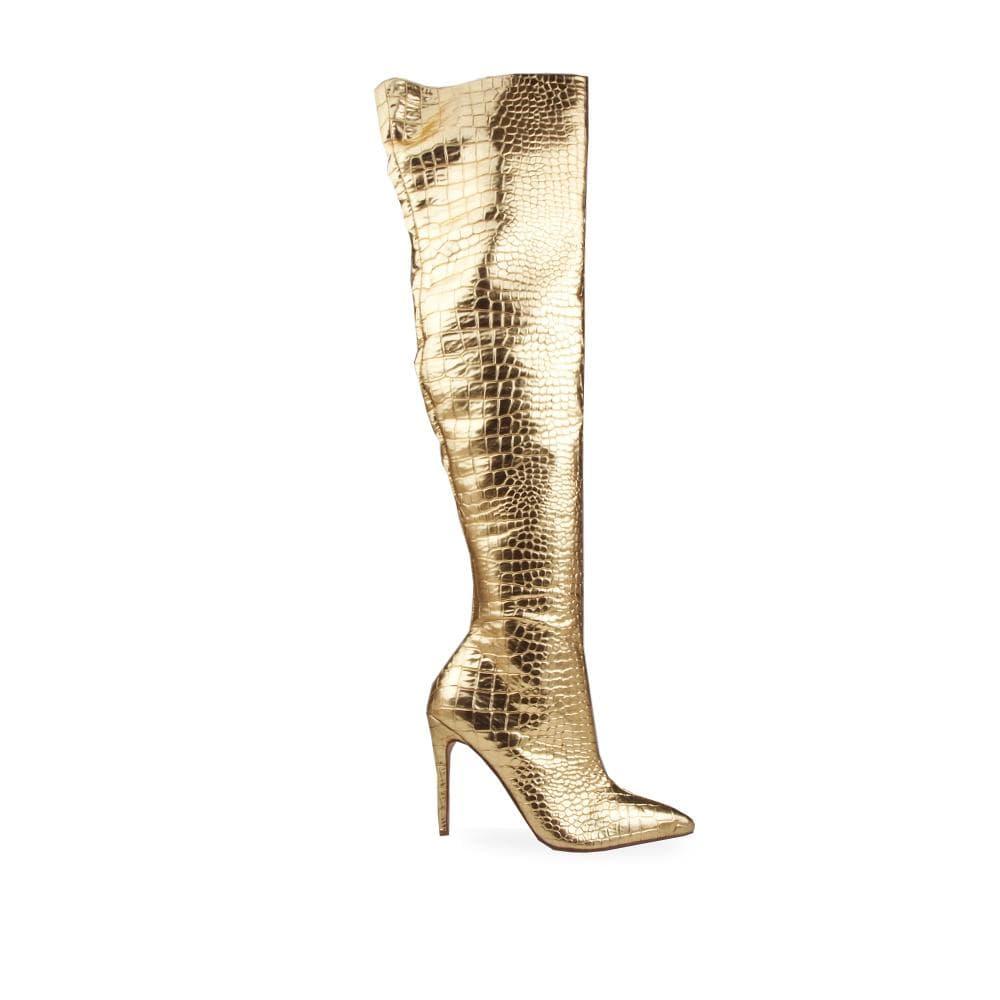 Croc leather over-the-knee women boots with heel in gold-side view