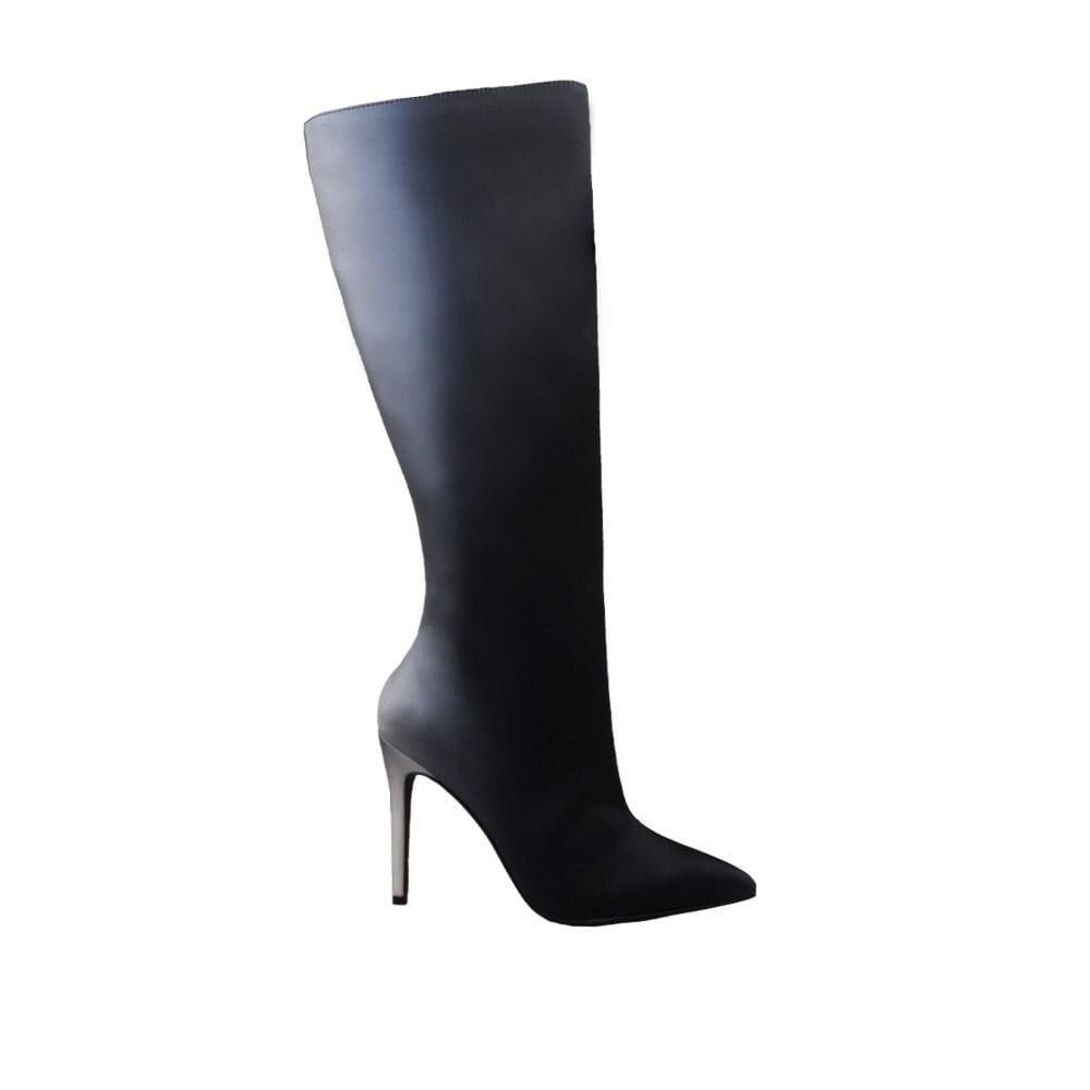 Satin upper long women booties in black-side view