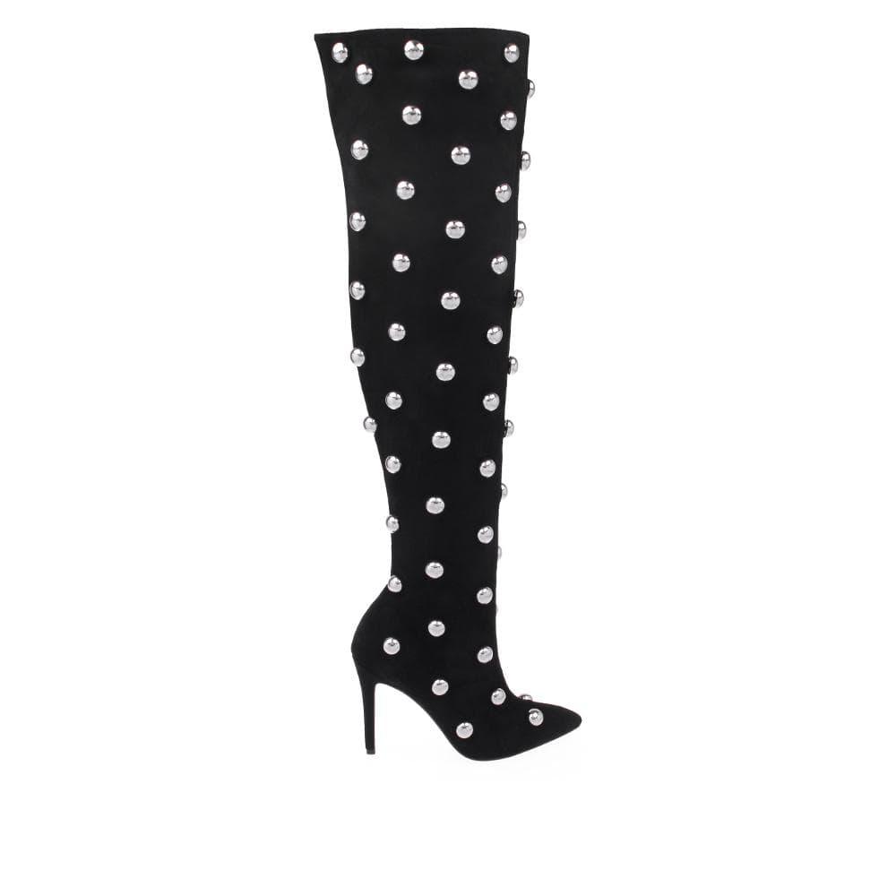 Women stiletto knee-high heel boot with silver studs in black