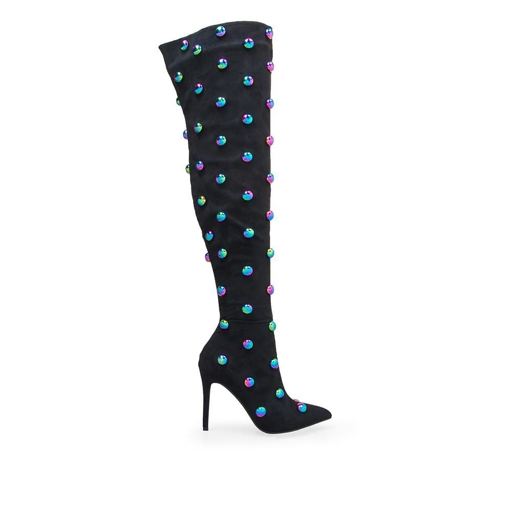 Women stiletto knee-high heel boot with silver studs in black multi coloured