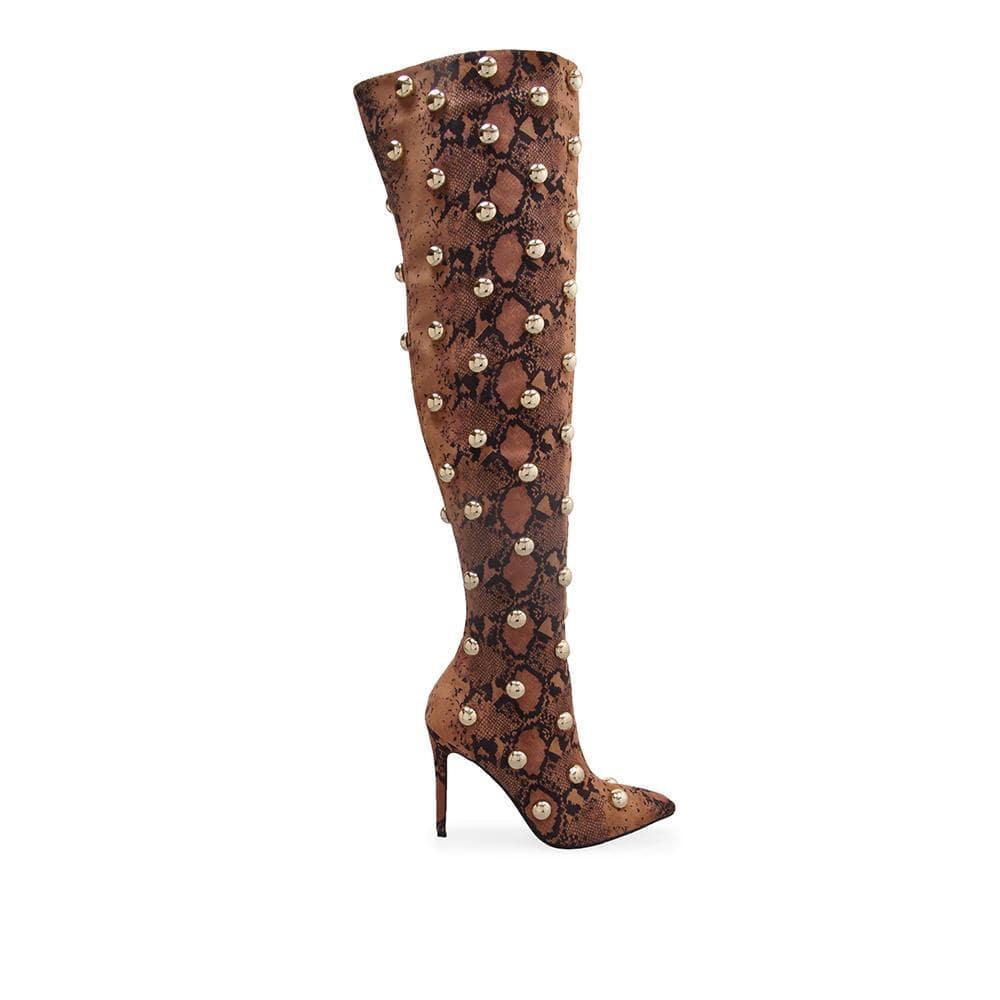 Women stiletto knee-high heel boot with silver studs in brown snake print