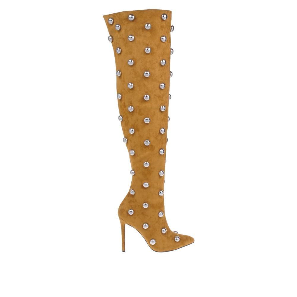 Women stiletto knee-high heel boot with silver studs in cognac