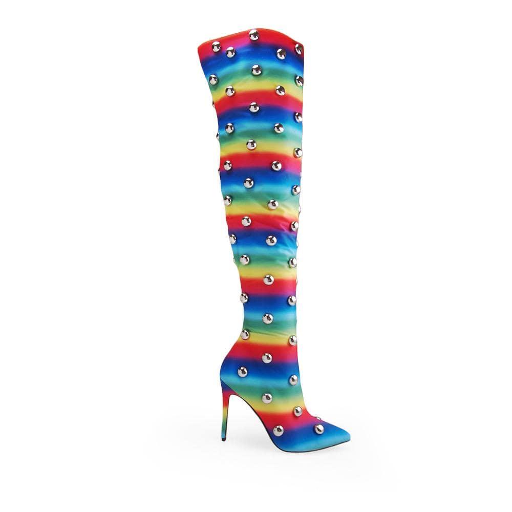 Women stiletto knee-high heel boot with silver studs in rainbow