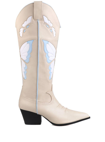 Cream-blue colored knee high boots with pointed toe and butterfly design