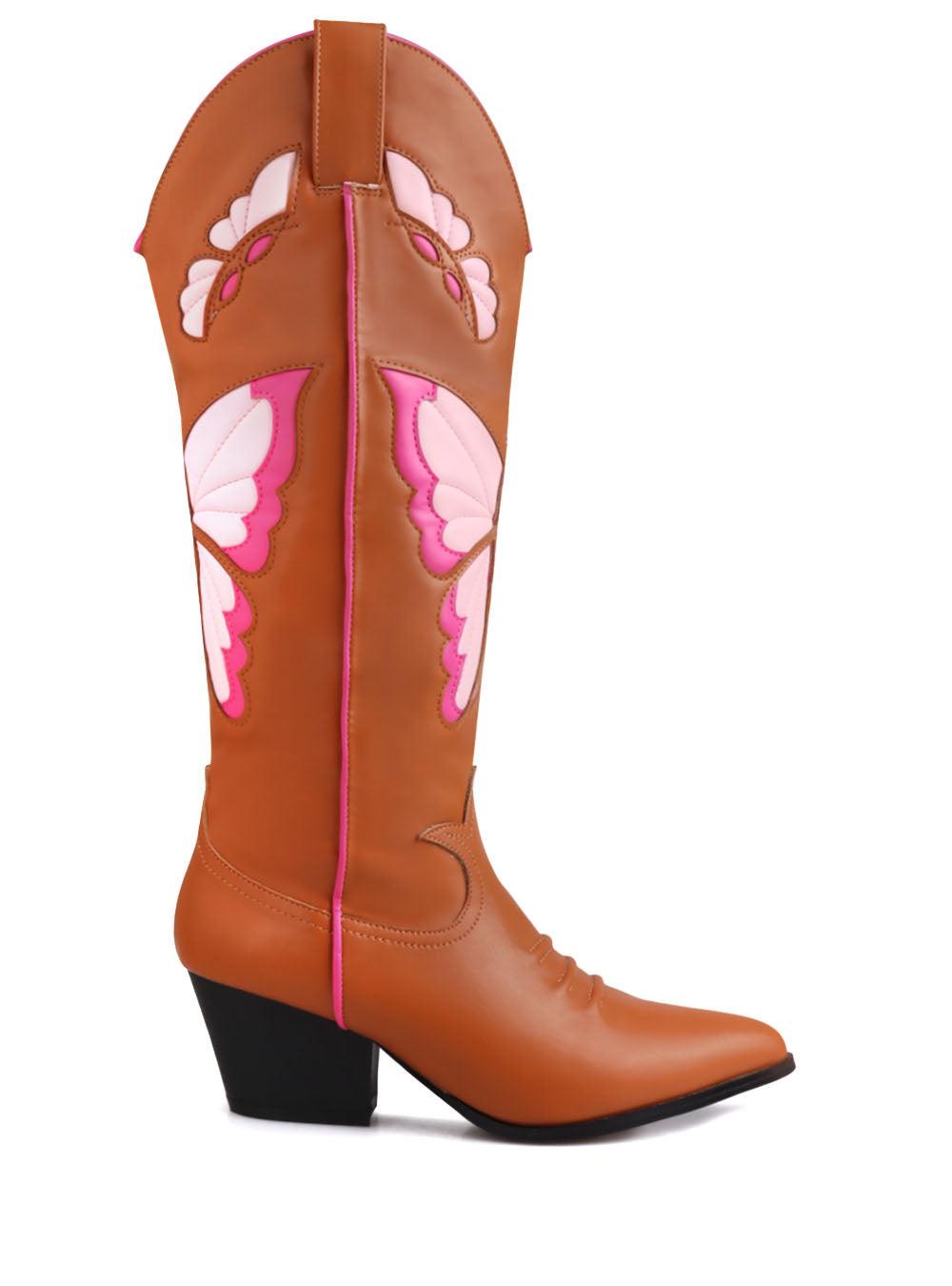 Tan-fuchsia colored knee-high boots with a pointed toe and butterfly pattern