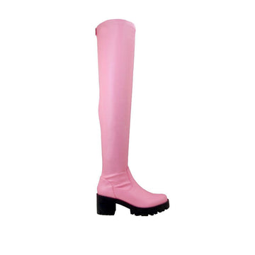 Slip-on design over the knee boots in pink color