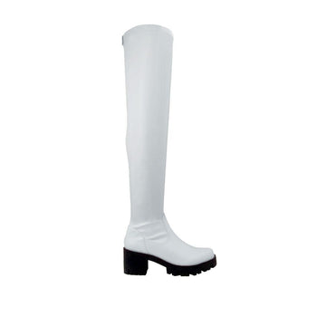 White colored over the knee boots with slip on design