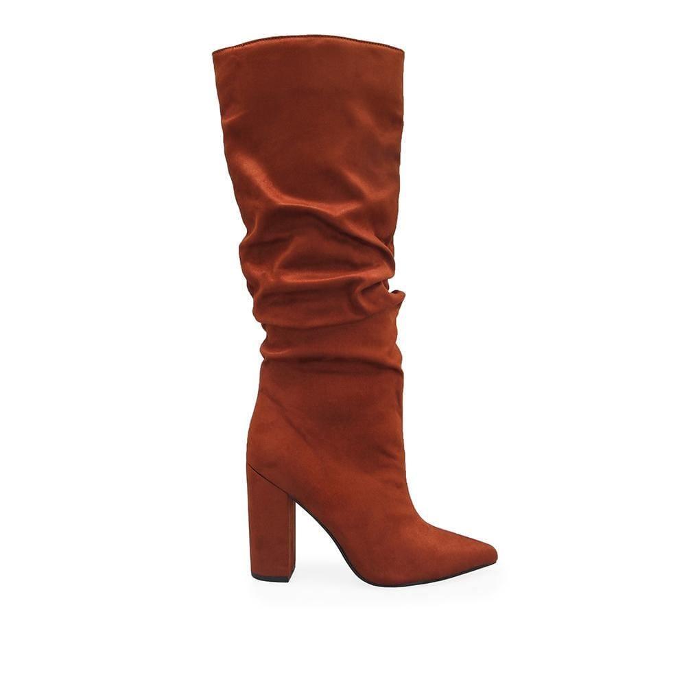 Chestnut colored block heel boots with slip on design