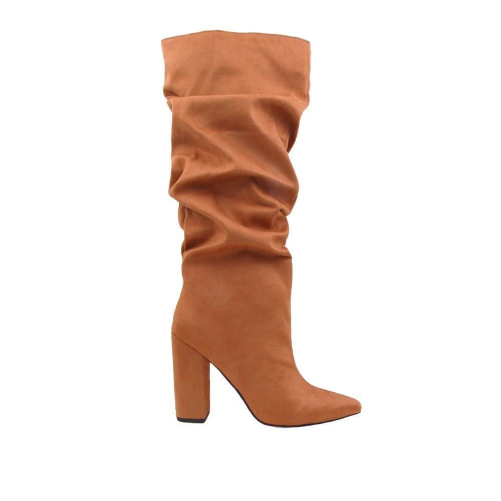 Black heel boots with slip on design in tan color