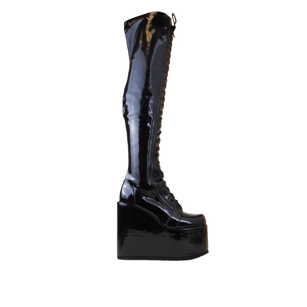 Black platform knee high boots with lace up style and side zip closure