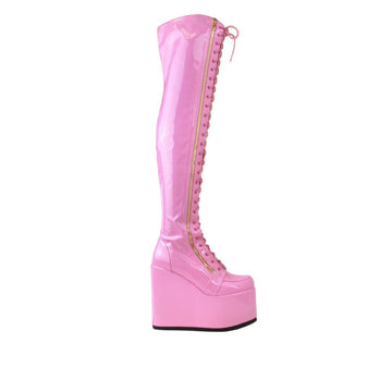 Pink colored platform knee high boots with lace up design and side zipper clasp