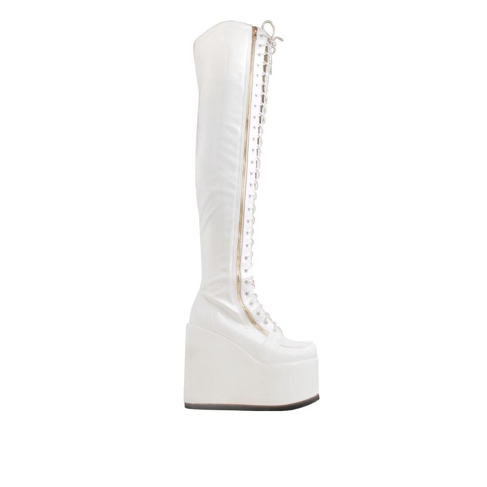 Lace-up designed white platform knee high boots with side zip fastening