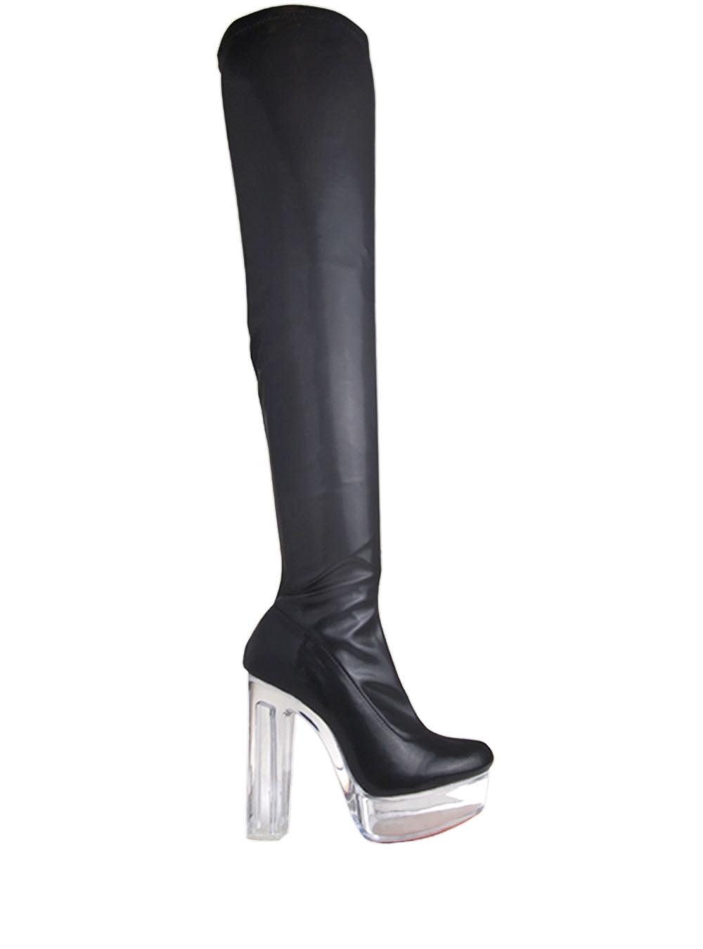 Translucent platforms knee high boots with block heels, leather upper and slip on style in black color