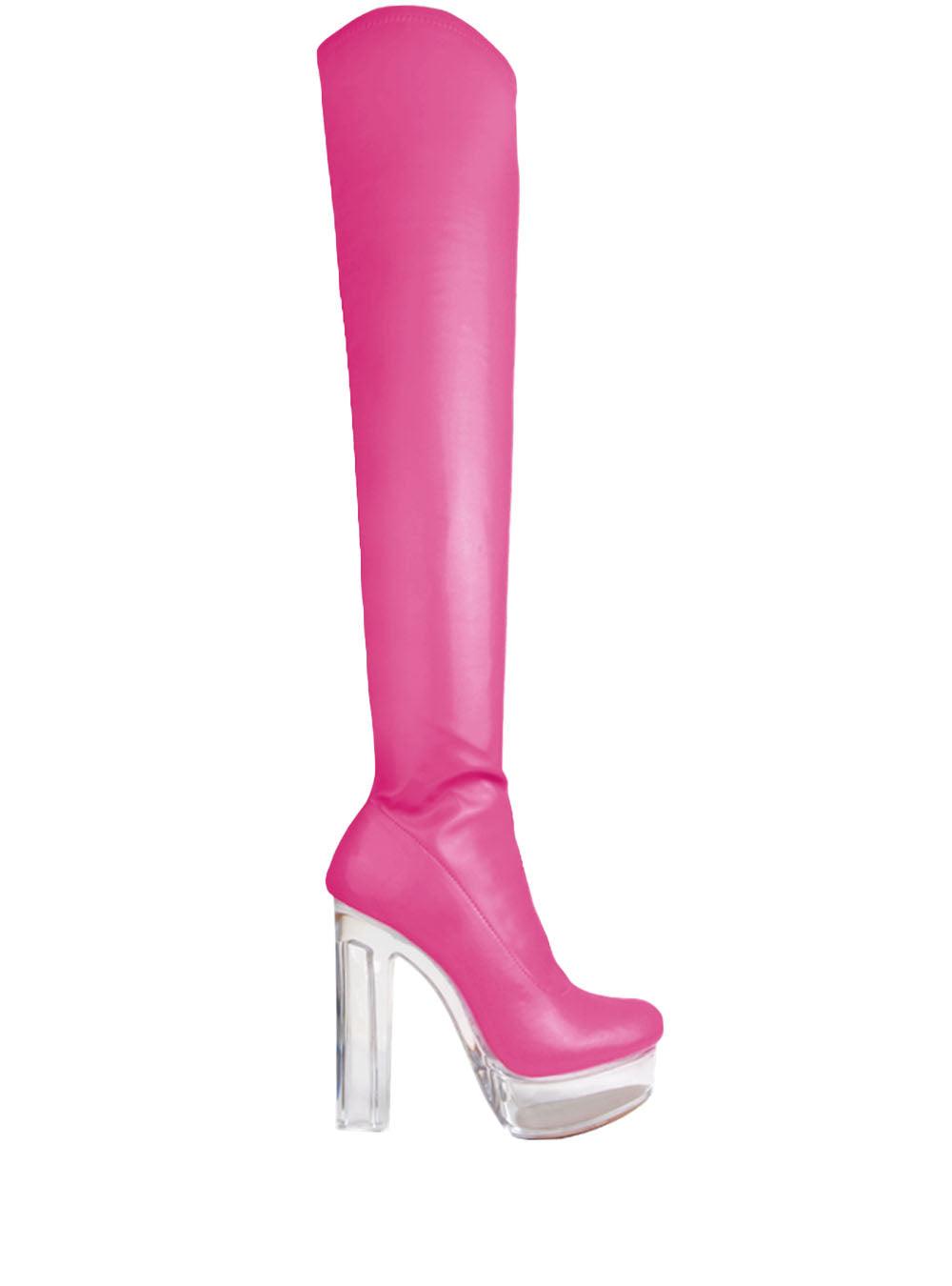 Translucent knee-high platforms with block heels, fuchsia leather upper, and slip-on style