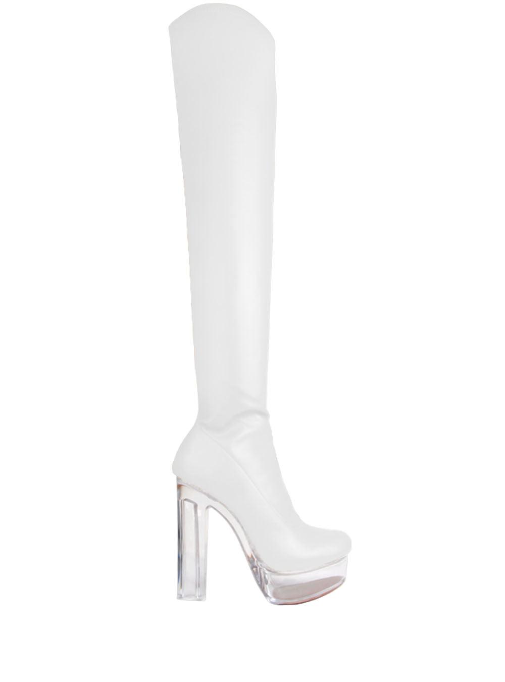 Slip-on transparent knee-high platforms with block heels and white leather upper.