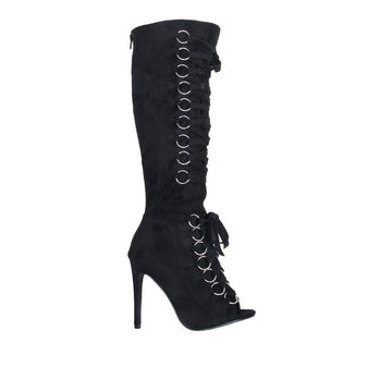 Knee high boot heels with open toe, silver hoops design and lace closure in black color
