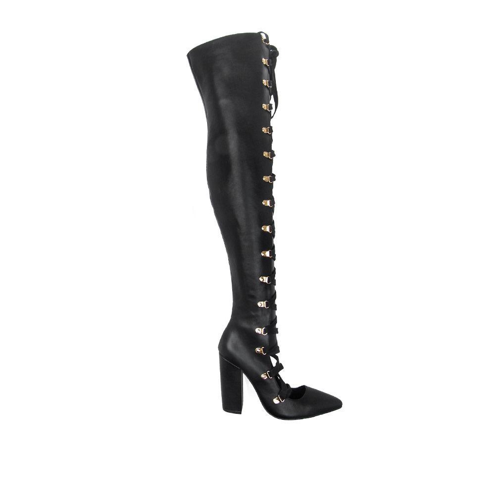 Black thigh high boots with block heels and hook-and-loop lace closure