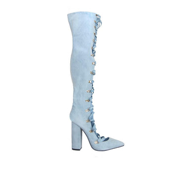 Thigh high boots with block heels and hook-and-loop lace closure in denim blue color