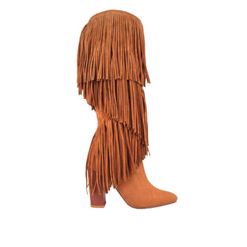 Camel colored thigh high boots with hanging strings, block heels and pointed toe