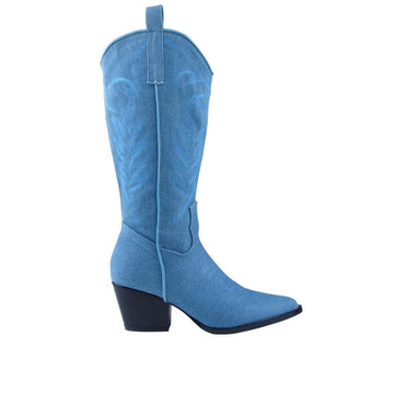 Knee high boots with pointed toe and side zipper clasp in denim blue