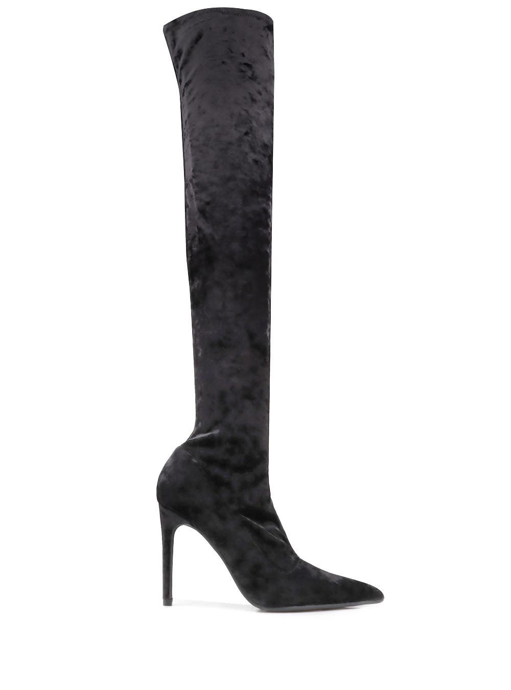 Black thigh high boots with pointed toe, stiletto heel and slip-on style