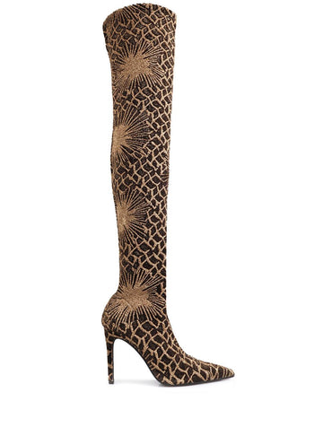 Black and gold thigh high boots with pointed toe, stiletto heel and slip-on style