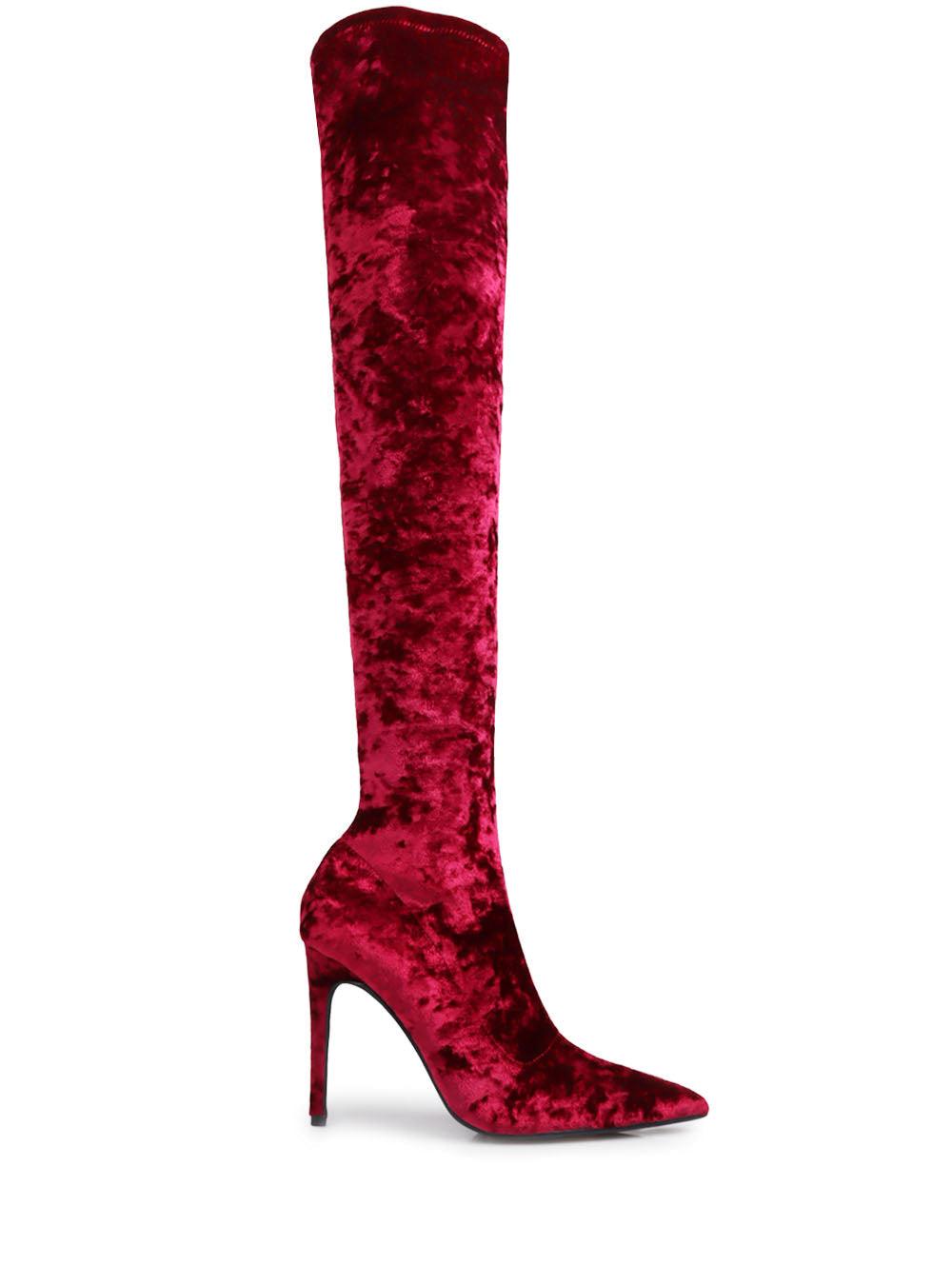 Burgundy thigh high boots with pointed toe, stiletto heel and slip-on style