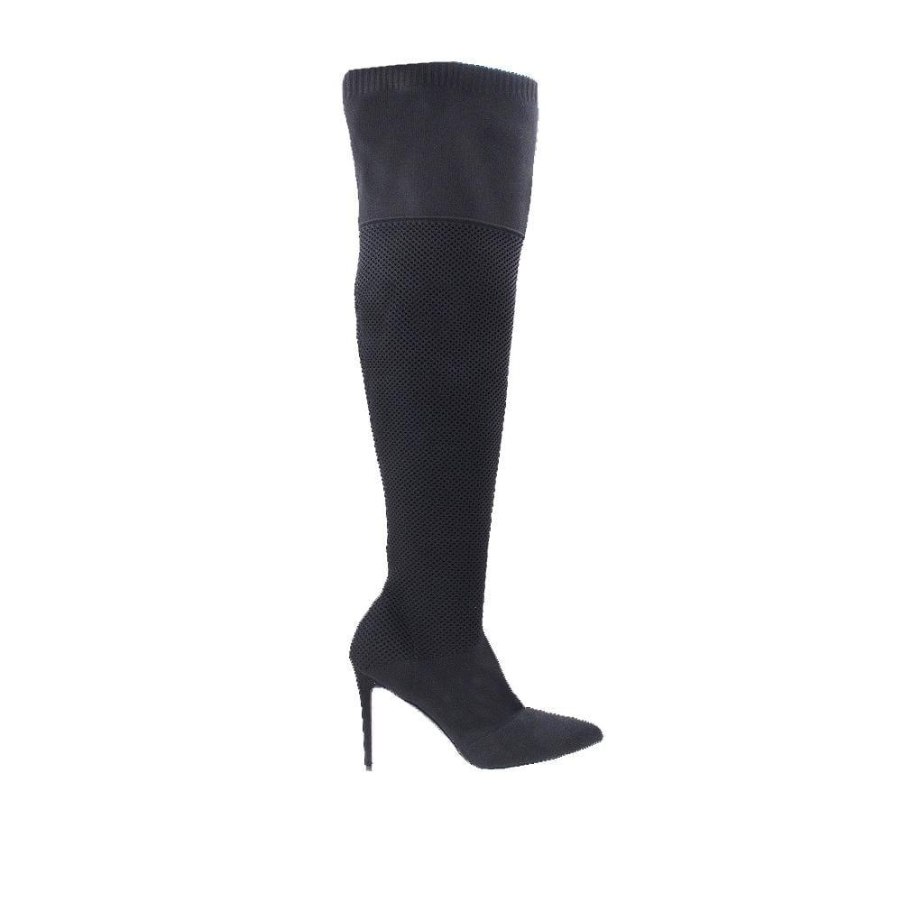 Black colored thigh high boots with pointed toe and stiletto heel