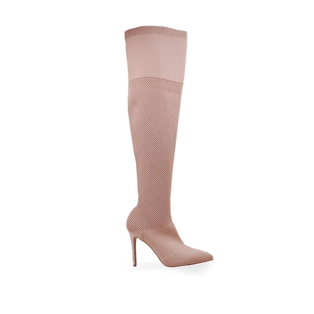 Nude colored thigh high boots with pointed toe and stiletto heel