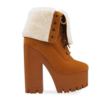 Camel colored platform boot heels with shearling cuff and lace up closure