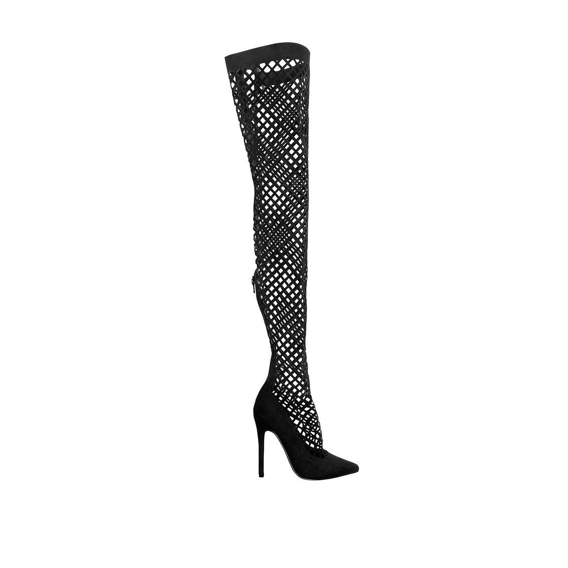 Black thigh high boots with stiletto heel and pointed toe.