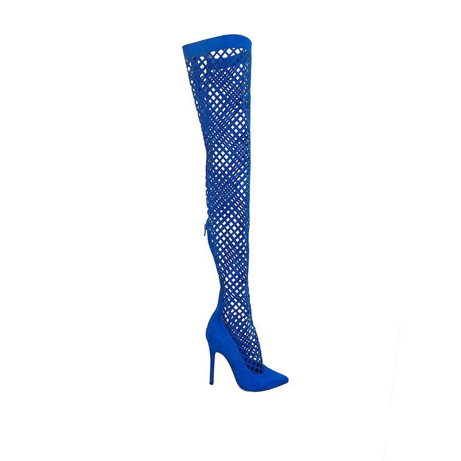 Blue colored thigh high boots with stiletto heel and pointed toe design