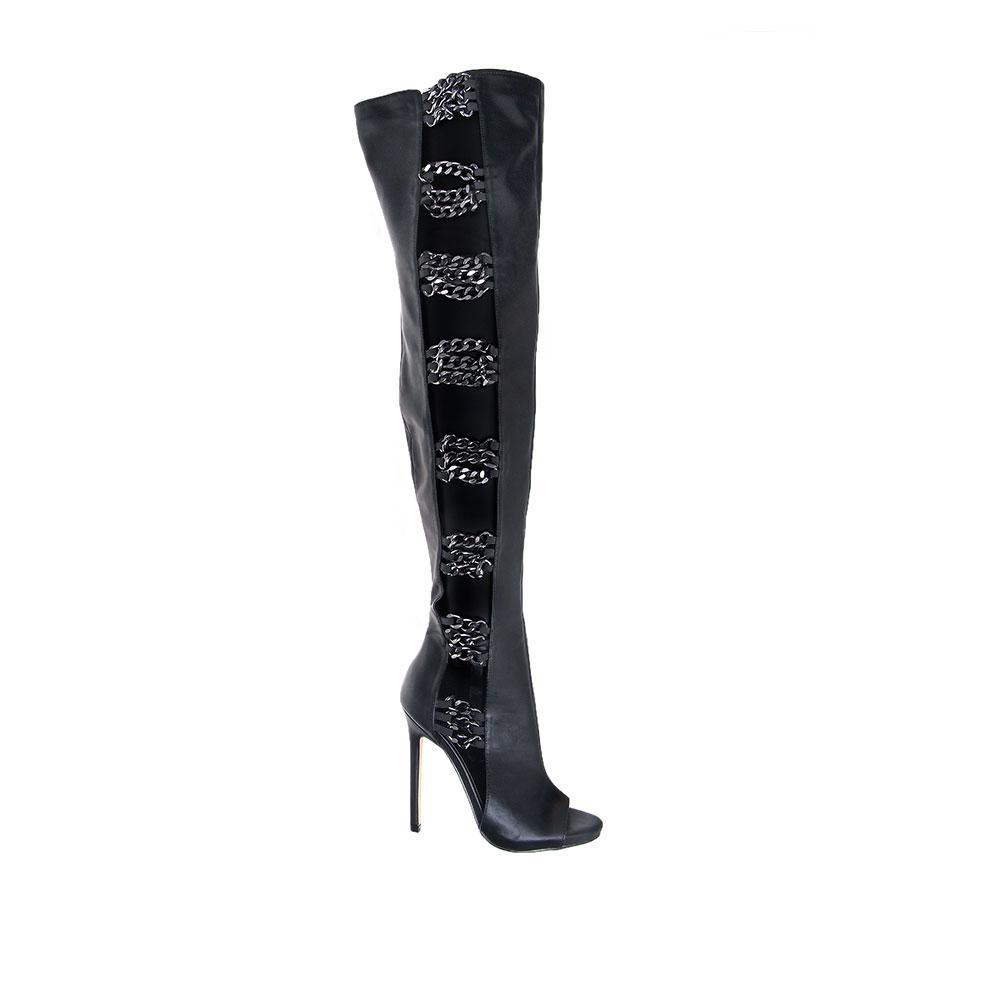 Black over-the-knee boots with stiletto heel, chain accent, and side zipper clasp