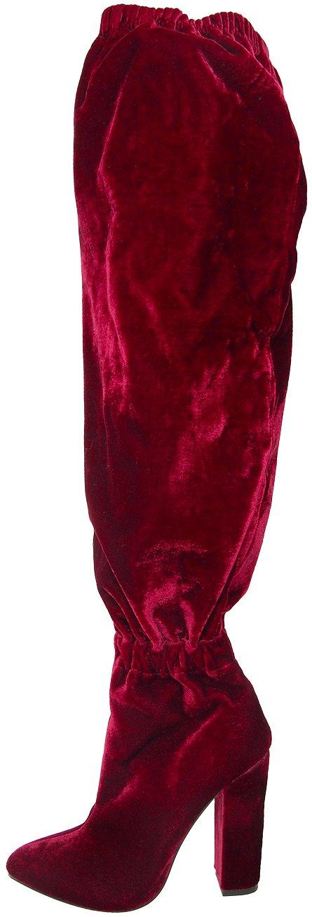 Knee high velvet women's heel booties in burgundy