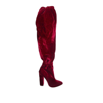 Knee high velvet women's heel booties in burgundy