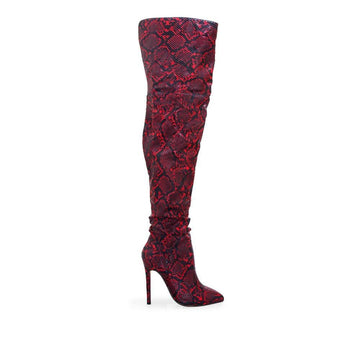 Red thigh high women's booties with faux snake skin-side view
