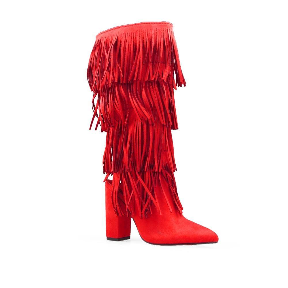 Red knee-high fringe women's boots with silhouette-corner view view