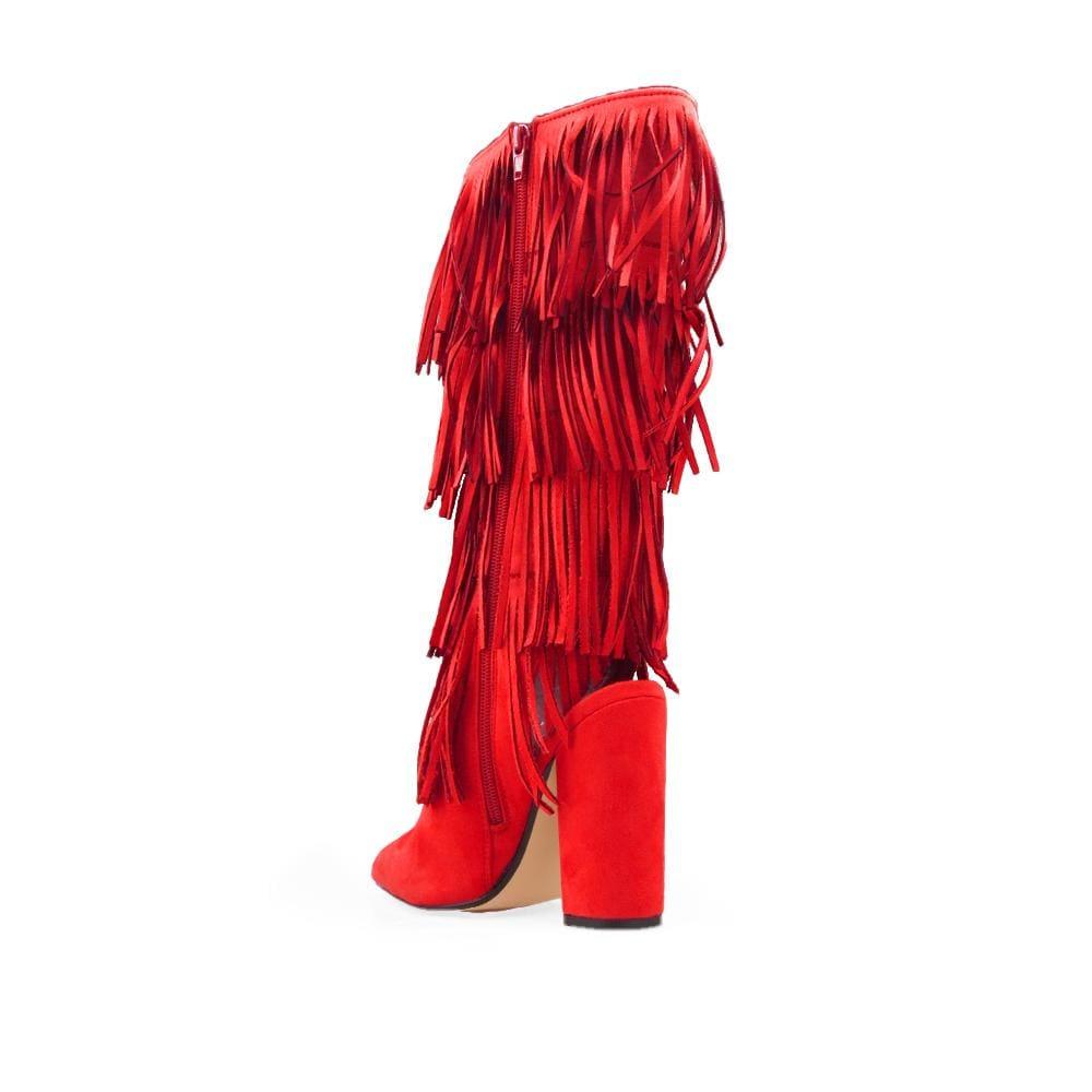 Red knee-high fringe women's boots with silhouette-posterior view