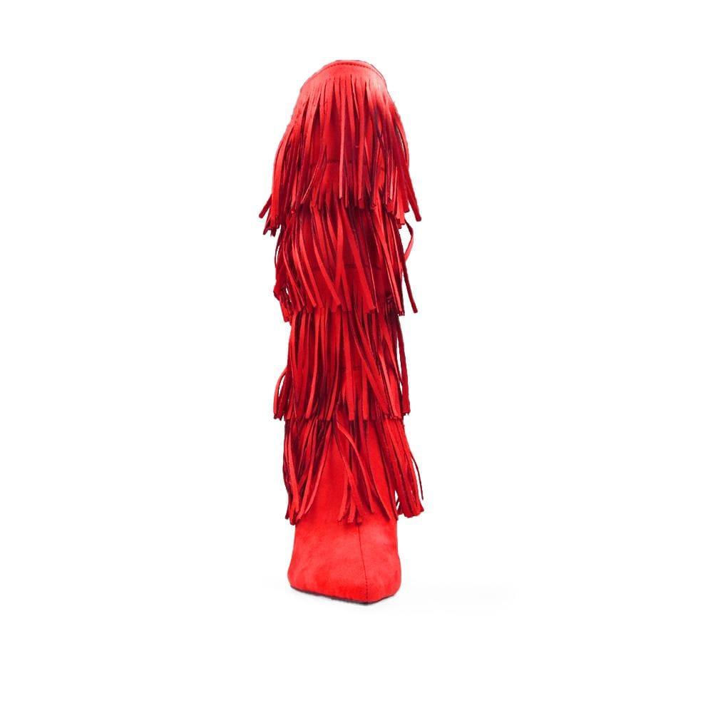 Red knee-high fringe women's boots with silhouette-front view