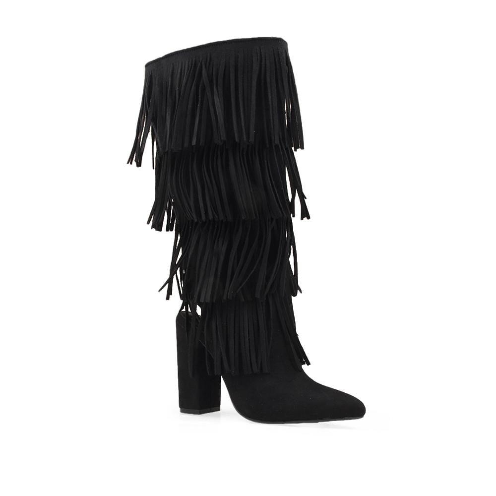 Black knee-high fringe women's boots with silhouette -corner view