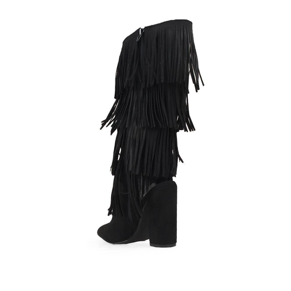 Black knee-high fringe women's boots with silhouette -posterior view