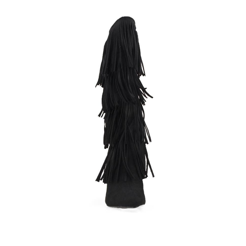 Black knee-high fringe women's boots with silhouette -front view