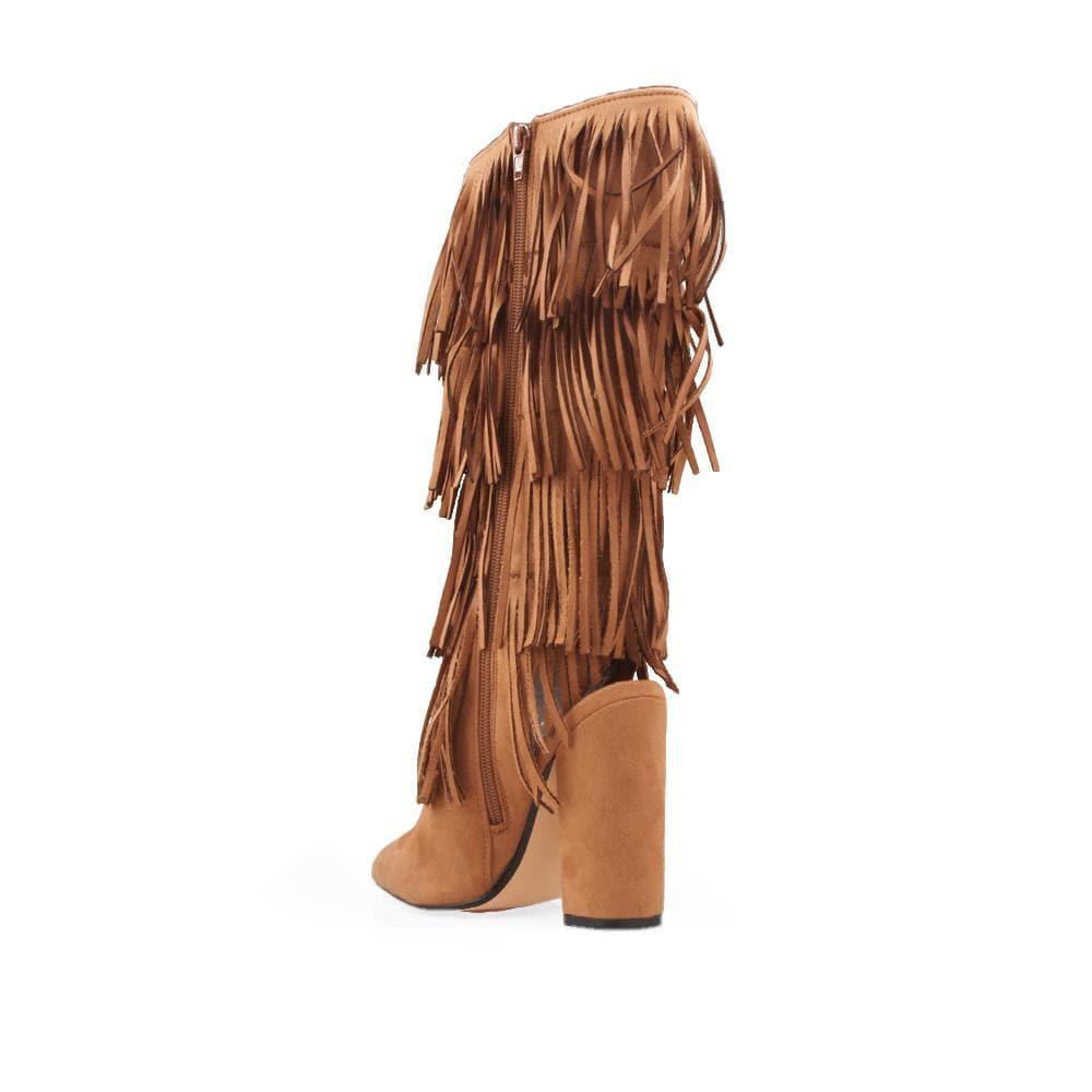 Taupe knee-high fringe women's boots with silhouette-posterior view