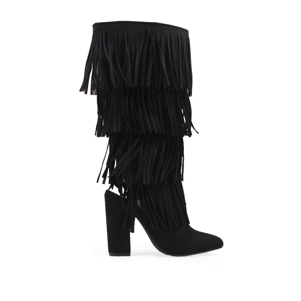 Black knee-high fringe women's boots with silhouette -side view