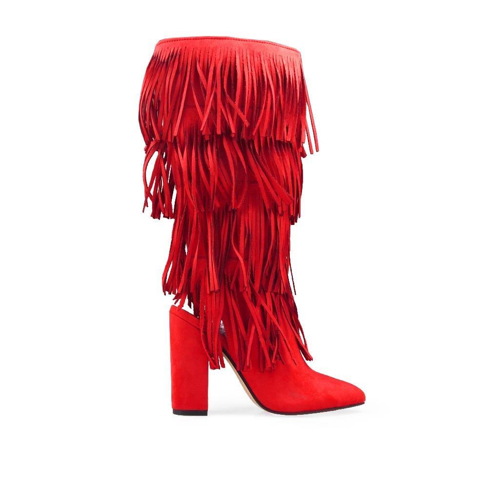 Red knee-high fringe women's boots with silhouette-side view