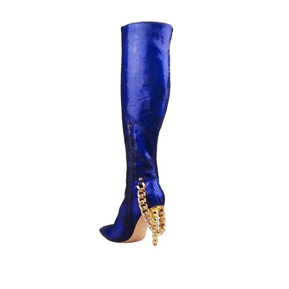 Blue knee-high faux snakeskin vegan leather women's boot with gold chain-posterior view