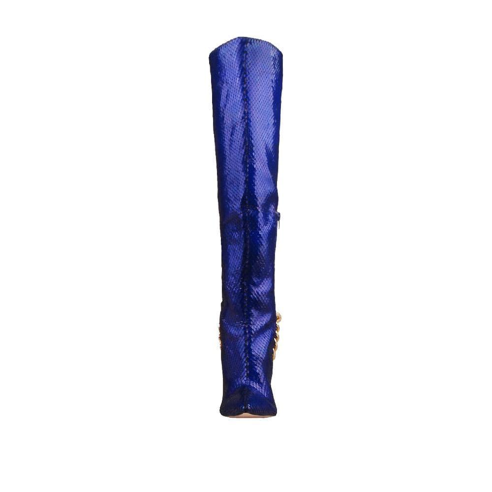 Blue knee-high faux snakeskin vegan leather women's boot with gold chain-front view