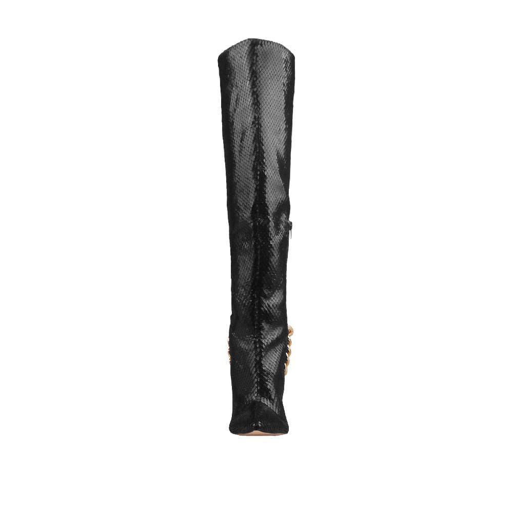 Black knee-high faux snakeskin vegan leather women's boot with gold chain-front view