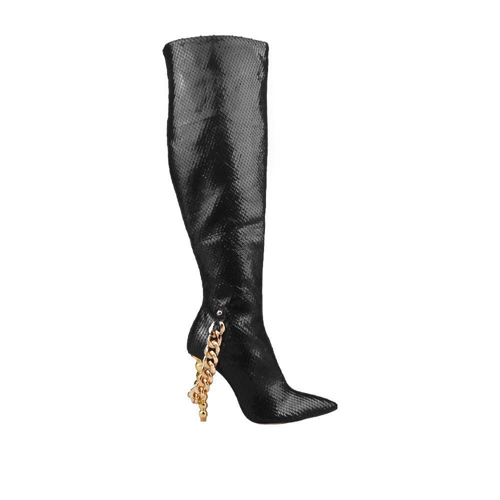 Black knee-high faux snakeskin vegan leather women's boot with gold chain-side view