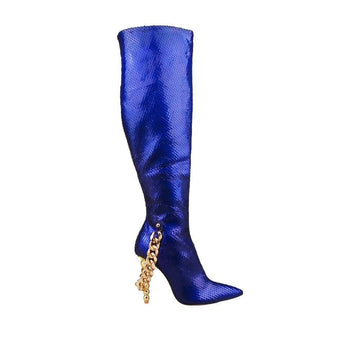 Blue knee-high faux snakeskin vegan leather women's boot with gold chain-side view